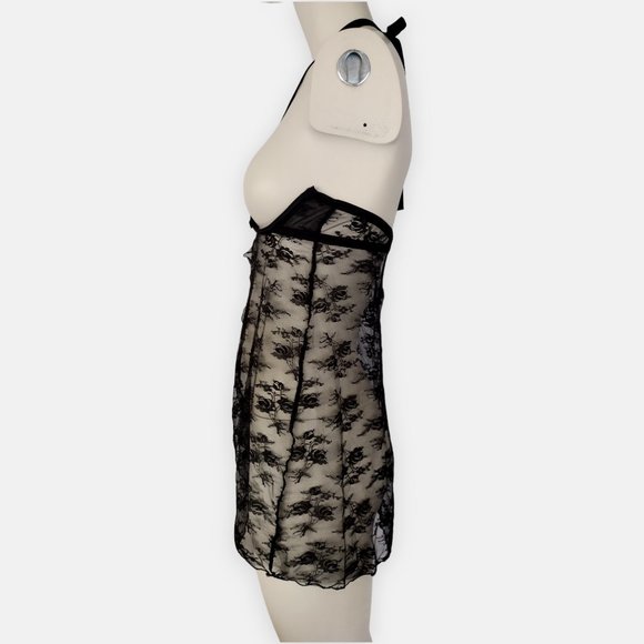 Vintage 2000s Frederick’s of Hollywood Black Lace Open Cup Halter Babydoll - Picture 6 of 14